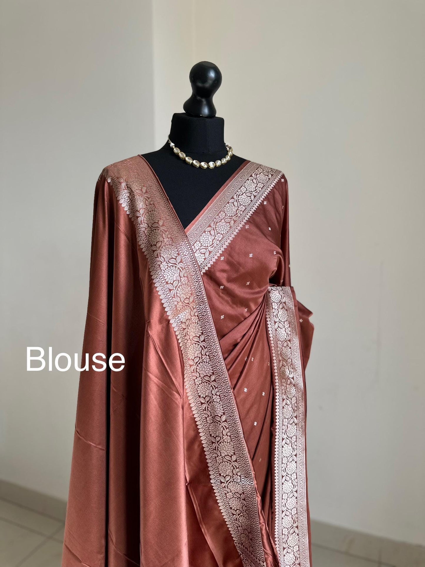 Banarasi katan silk wedding saree in chocolate brown, with champagne gold Zari