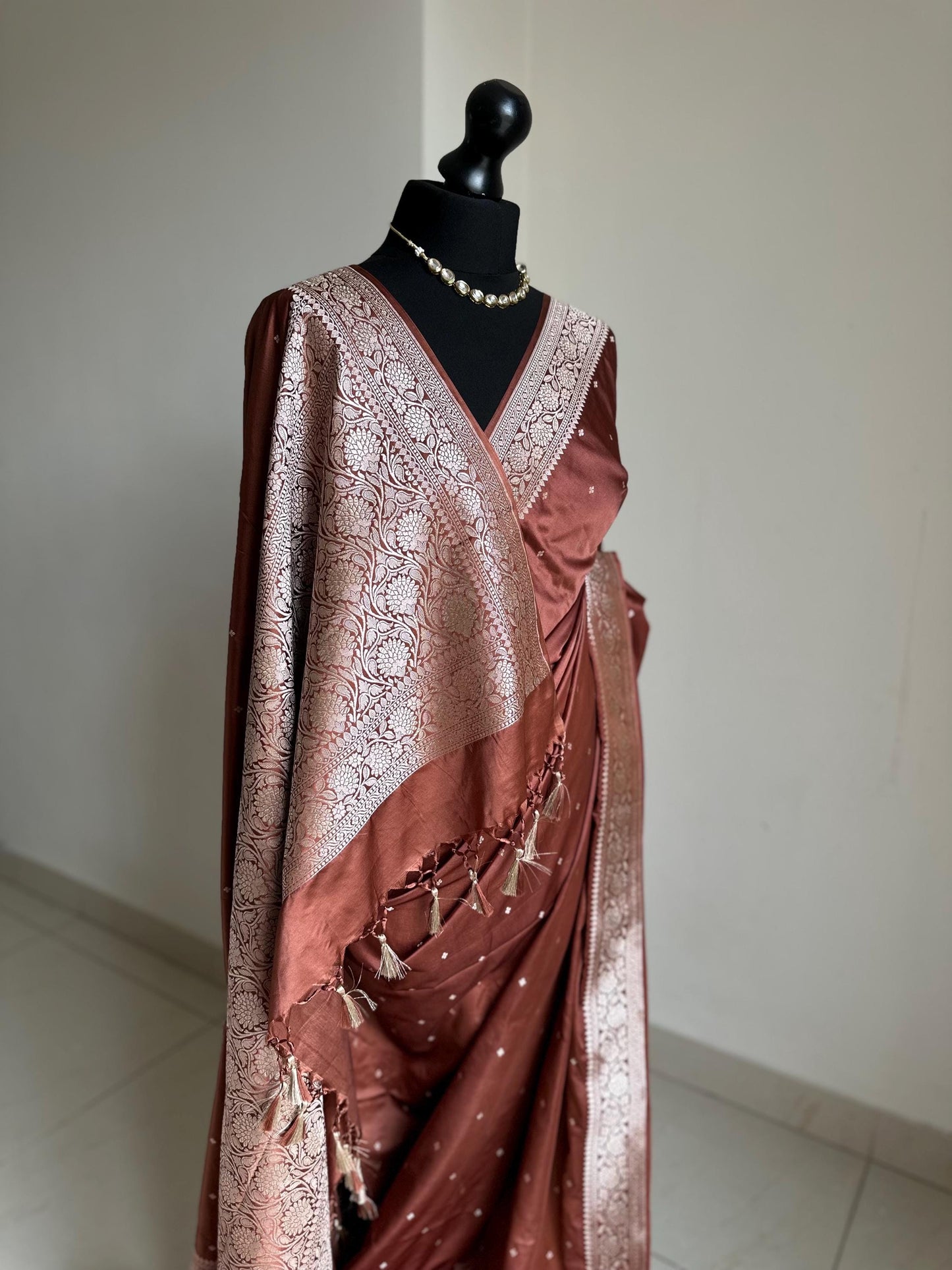 Banarasi katan silk wedding saree in chocolate brown, with champagne gold Zari