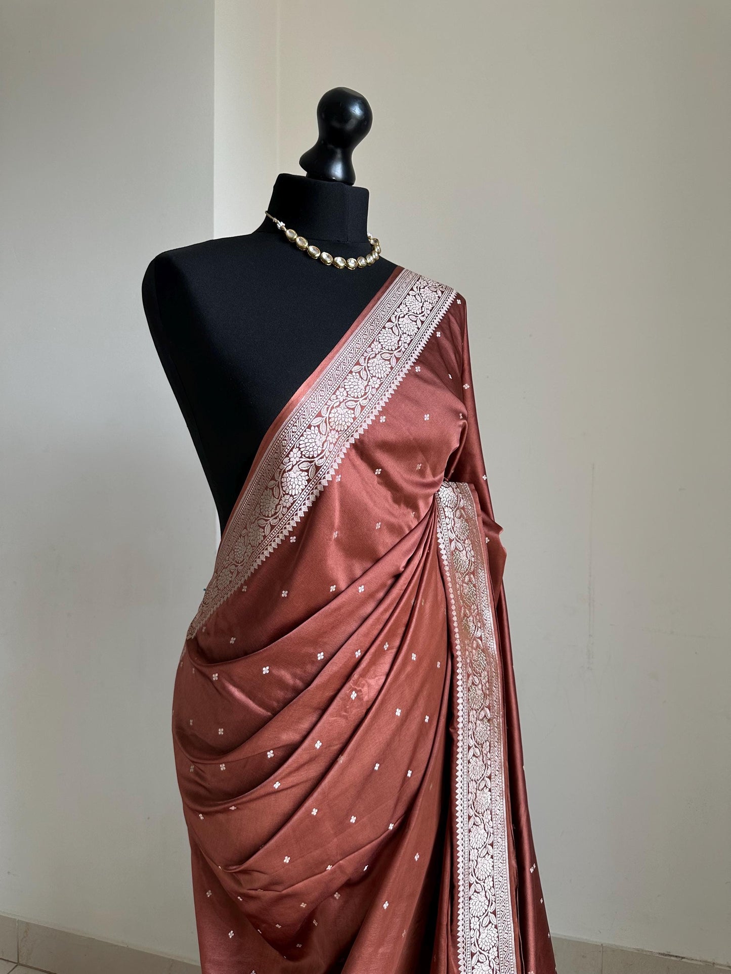 Banarasi katan silk wedding saree in chocolate brown, with champagne gold Zari