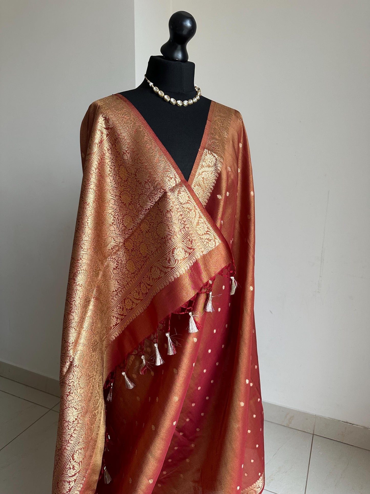 Rust red and Gold Tissue Saree: Soft to drape with zari border and buta, Unstitched brocade Blouse, Wedding Events