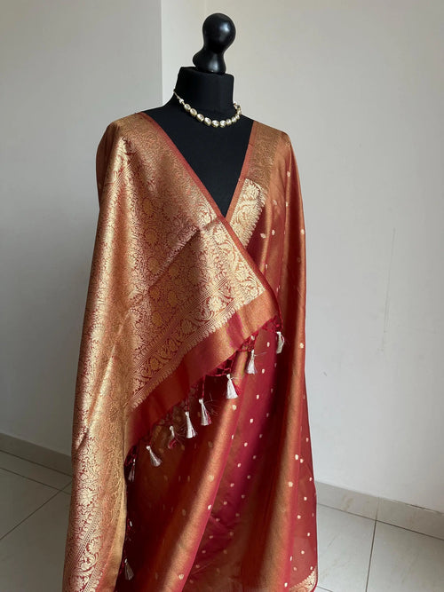 Rust Red and Gold Tissue Saree with Zari Border