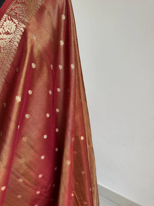 Rust Red and Gold Tissue Saree with Zari Border
