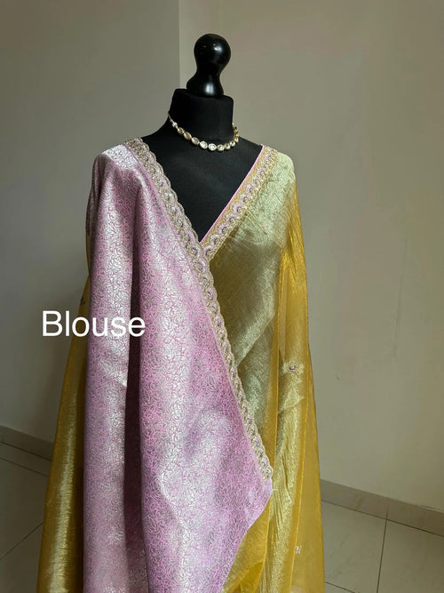Yellow Gold Tissue Saree with Lilac Border