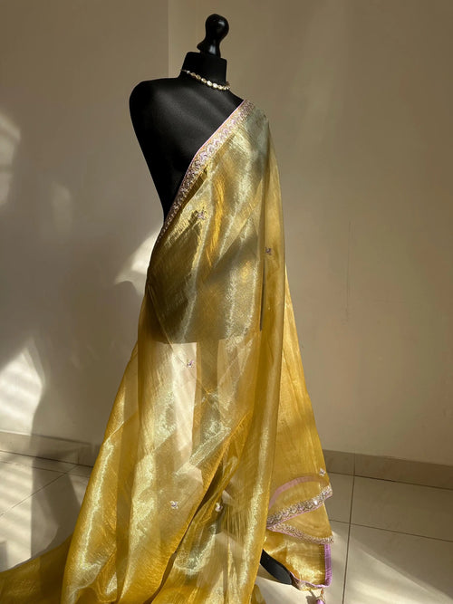 Yellow Gold Tissue Saree with Lilac Border