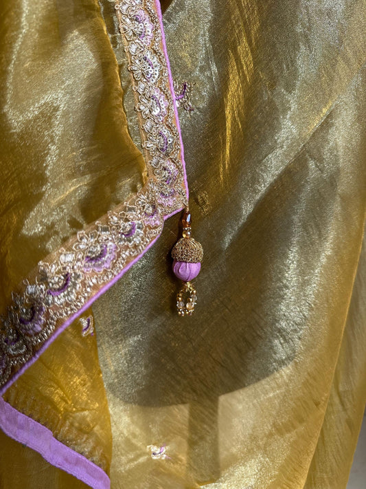 Handmade Yellow Gold Tissue Saree with lilac border. Soft Drape, Unstitched Blouse