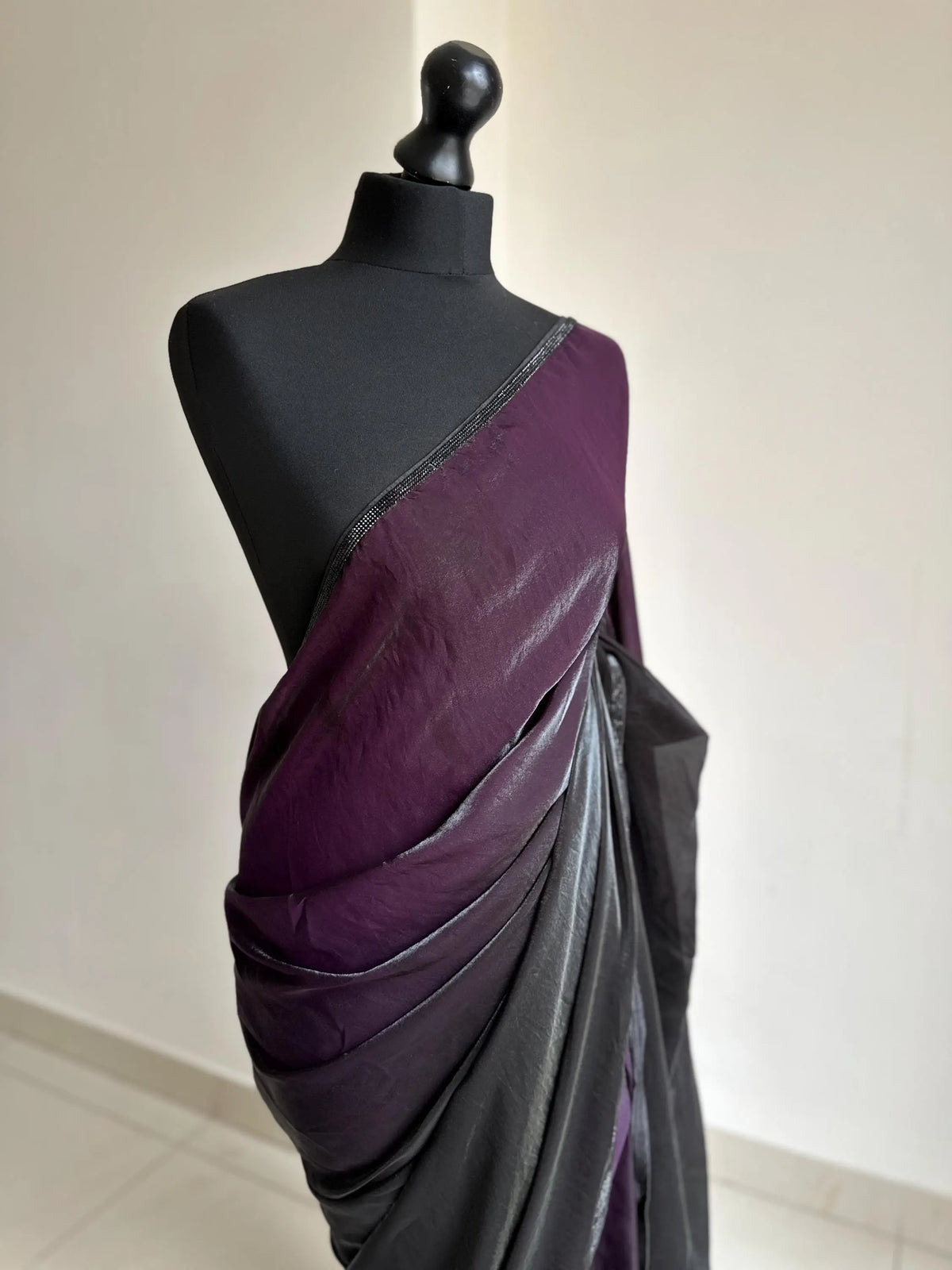 Ready-Pleated Black and Purple Saree with Stonework Border