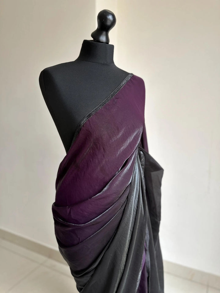 Ready-pleated black and purple shaded saree with cutdana stonework border, comes with belt. Prestitched saree for parties LaiLai Sarees