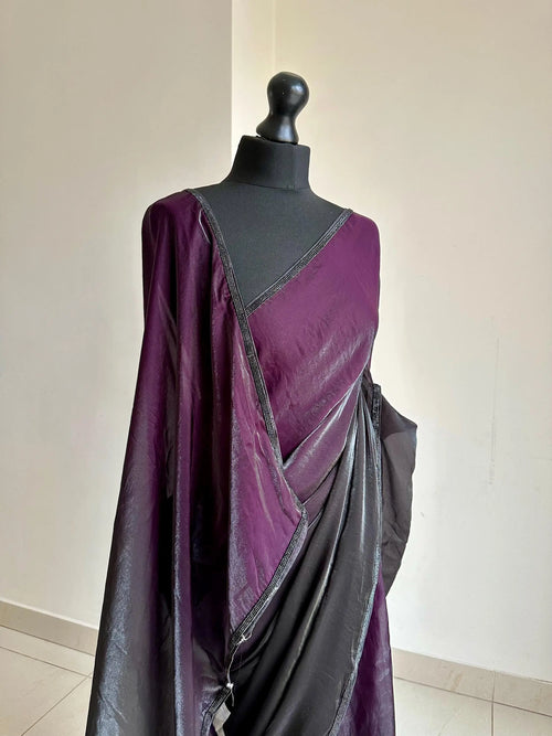 Ready-Pleated Black and Purple Saree with Stonework Border