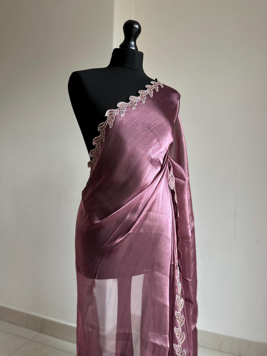 Dusty Rose Silk Saree with embellished Leaf Border | Elegant Party Wear Saree | Minimal Designer Saree | Soft glass chiffon Silk Drape