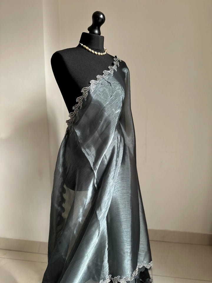 Steel blue  Saree with embellished Leaf Border | Elegant Party Wear Saree | Minimal Designer Saree | Soft glass chiffon Silk Drape LaiLai Sarees