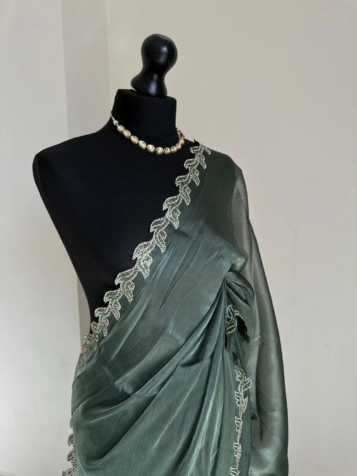 Teal Green Chiffon Saree with Embellished Leaf Border