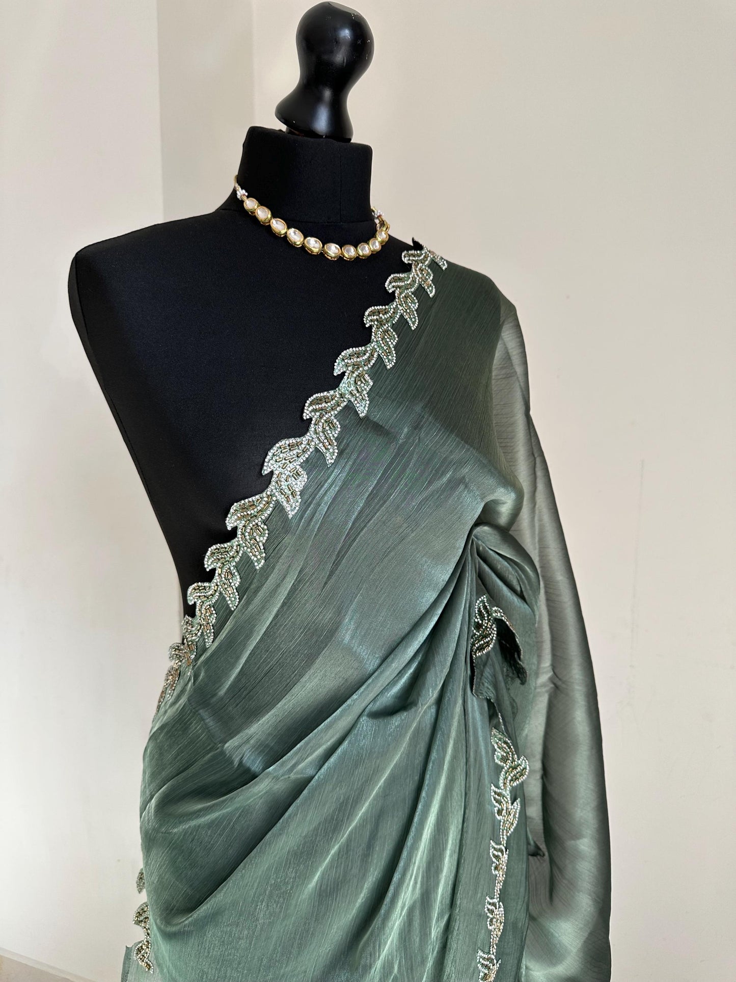 Teal green Saree with embellished Leaf Border | Elegant Party Wear Saree | Minimal Designer Saree | Soft glass chiffon Silk Drape