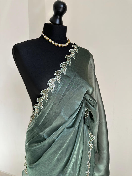 Teal green Saree with embellished Leaf Border | Elegant Party Wear Saree | Minimal Designer Saree | Soft glass chiffon Silk Drape
