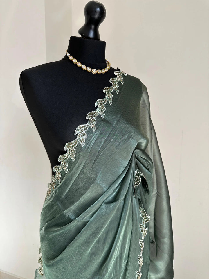 Teal green Saree with embellished Leaf Border | Elegant Party Wear Saree | Minimal Designer Saree | Soft glass chiffon Silk Drape LaiLai Sarees