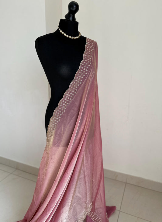 Pink party bridal saree with embellished scalloped border. Soft chiffon versatile saree thats perfect for parties and evening events.