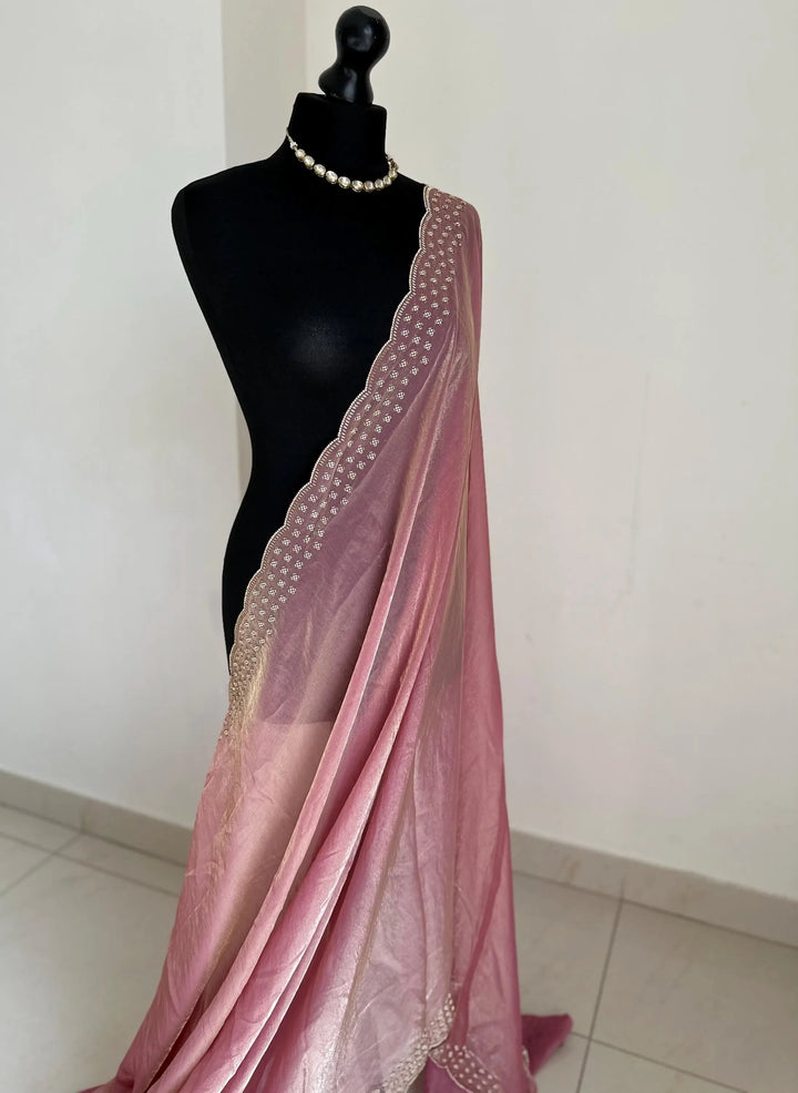 Pink party bridal saree with embellished scalloped border. Soft chiffon versatile saree thats perfect for parties and evening events. LaiLai Sarees