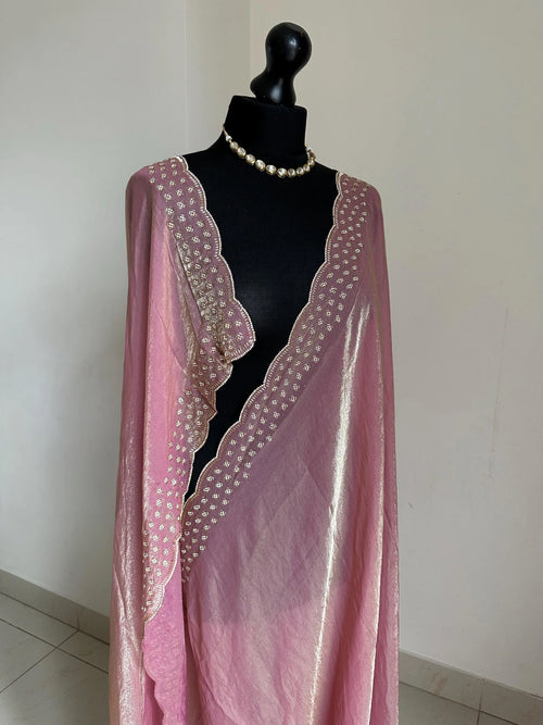 Pink Chiffon Saree with Embellished Scalloped Border