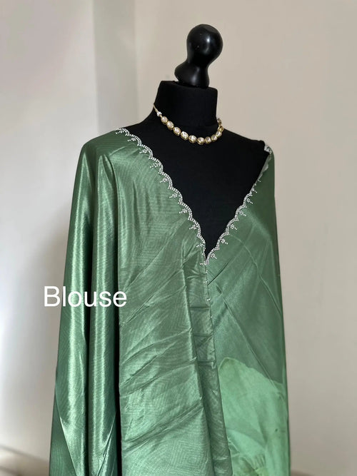 Green Floral Satin Saree with Scalloped Border