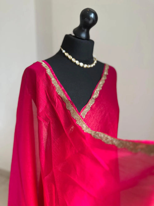 Deep Pink Chiffon Saree with Cutdana Border