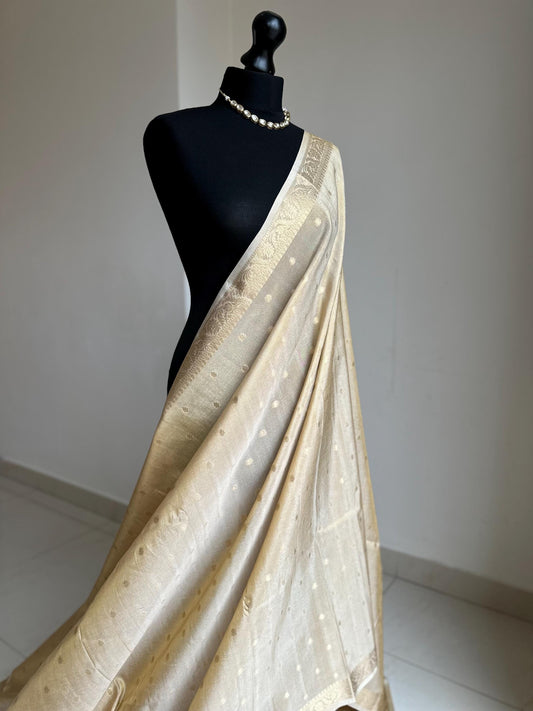 Gold semi tissue silk saree. Cream & gold buti, Unstitched brocade blouse. Designer saree
