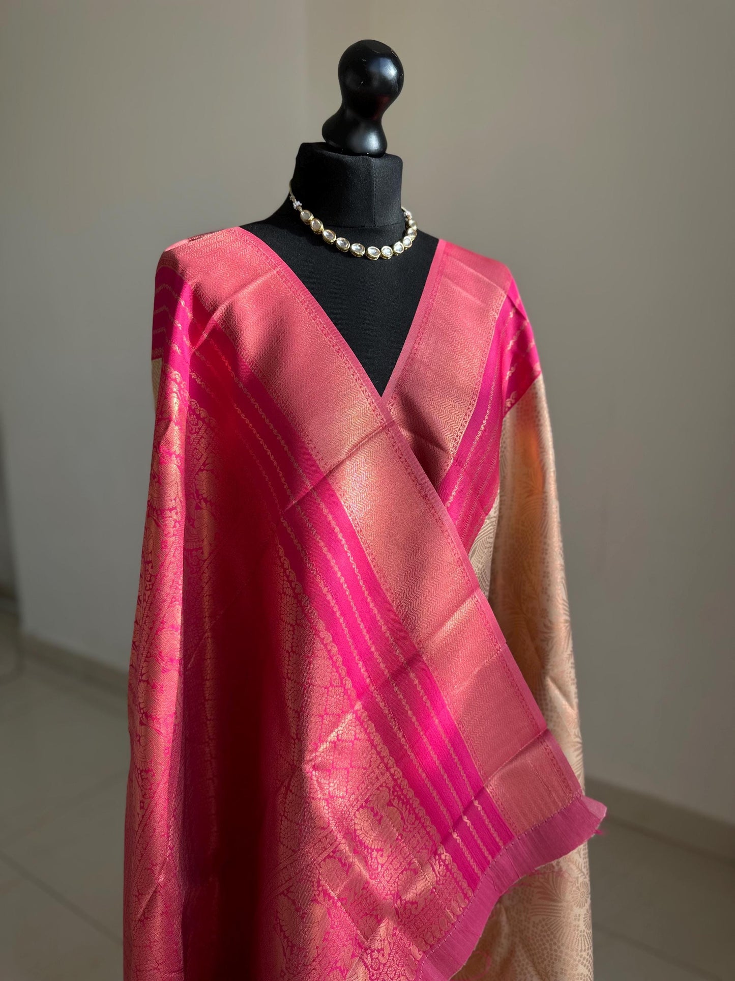 Pink and cream semi silk saree: Gold Zari Border, Unstitched Blouse