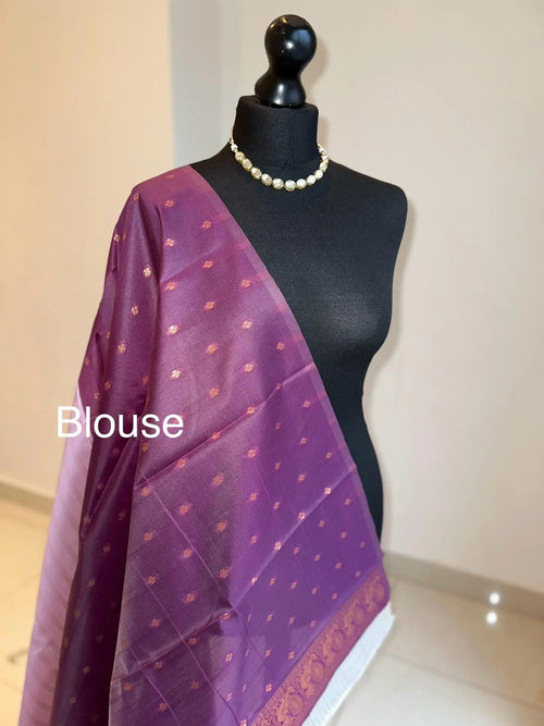 Pink and plum semi silk saree: Gold Zari Border, Unstitched Blouse
