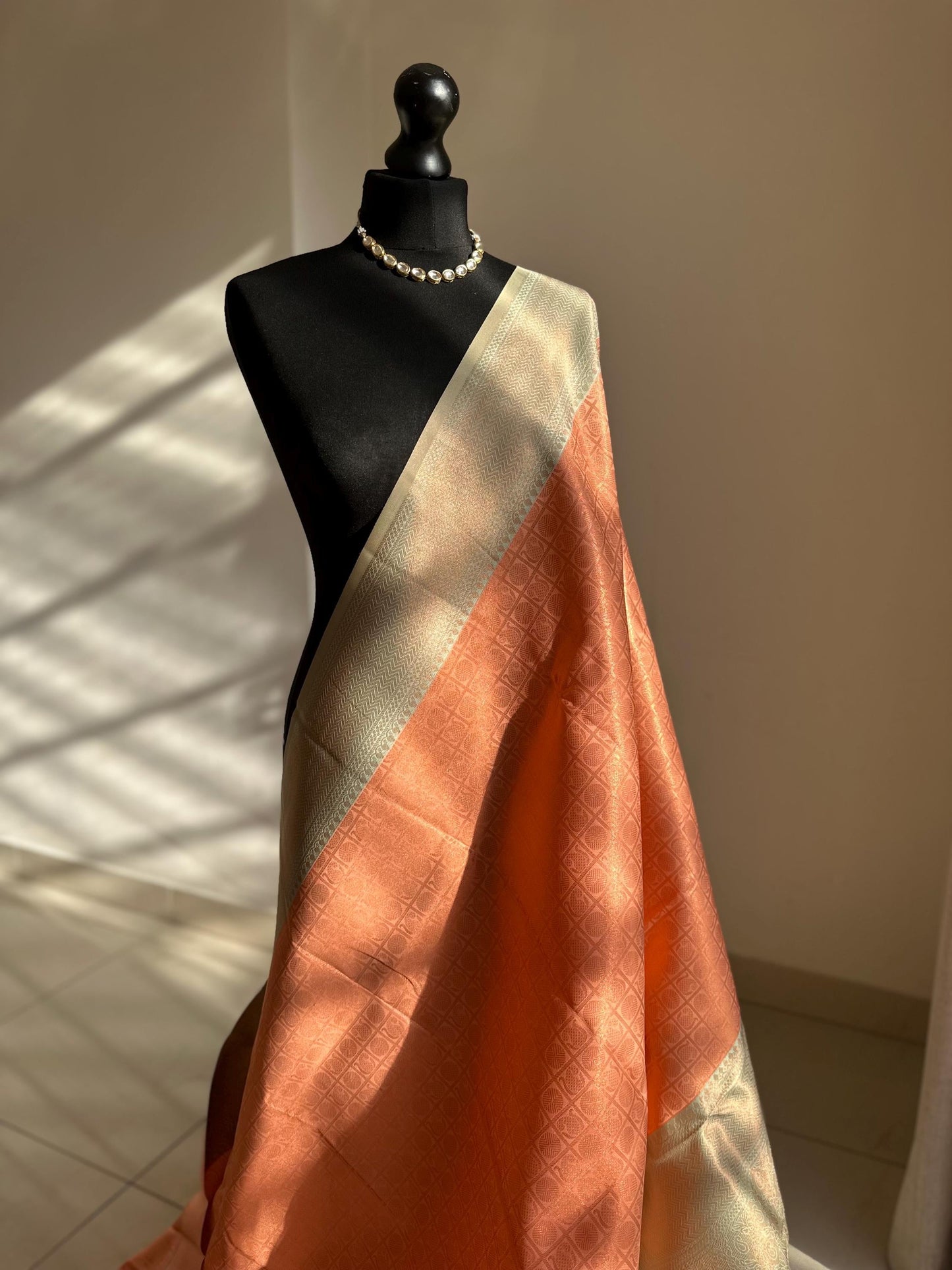 Peach and mint green Semi Silk Saree: Gold Zari Border, Unstitched Blouse