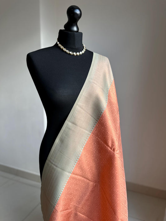 Peach and mint green Semi Silk Saree: Gold Zari Border, Unstitched Blouse