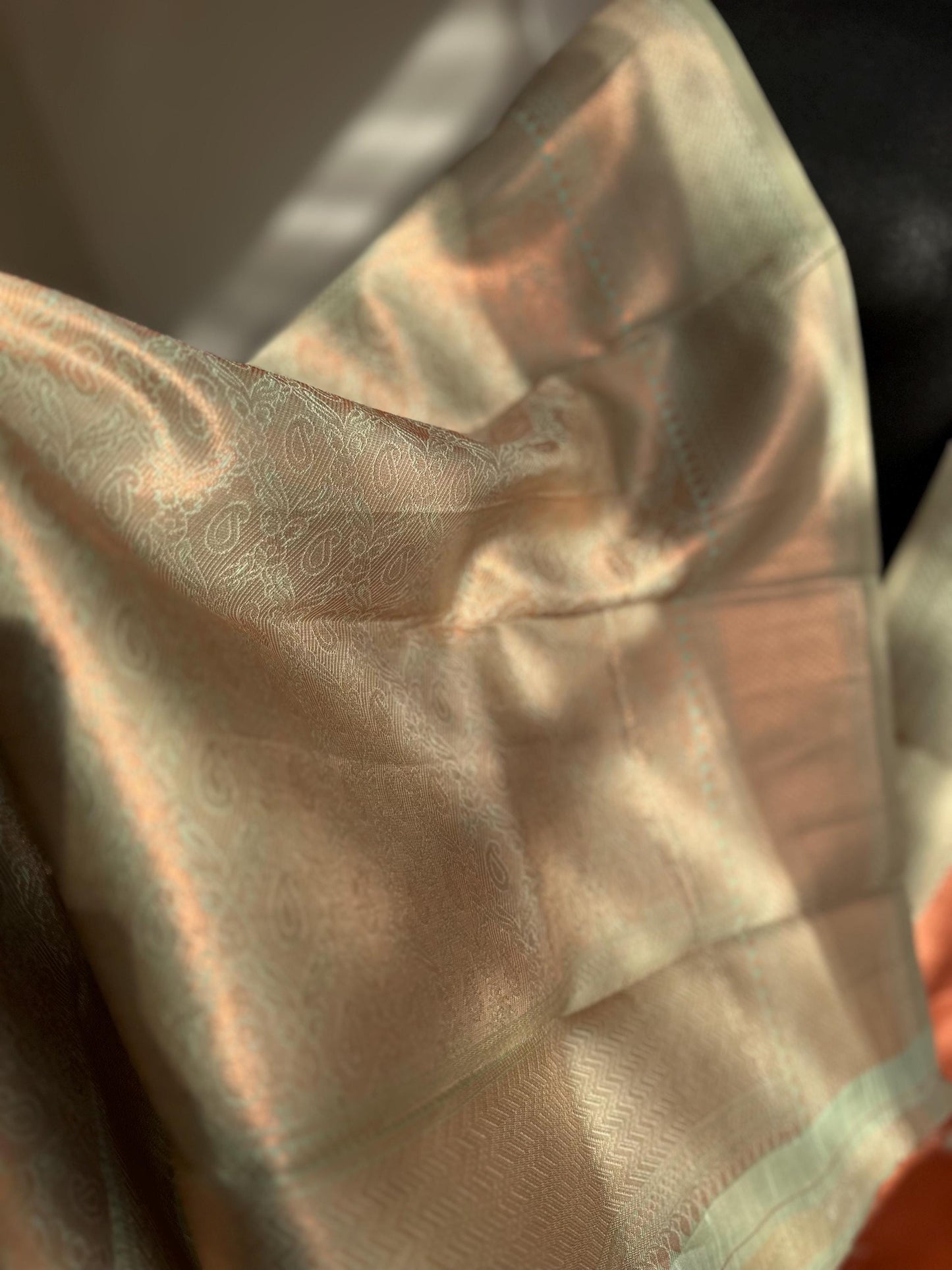 Peach and mint green Semi Silk Saree: Gold Zari Border, Unstitched Blouse
