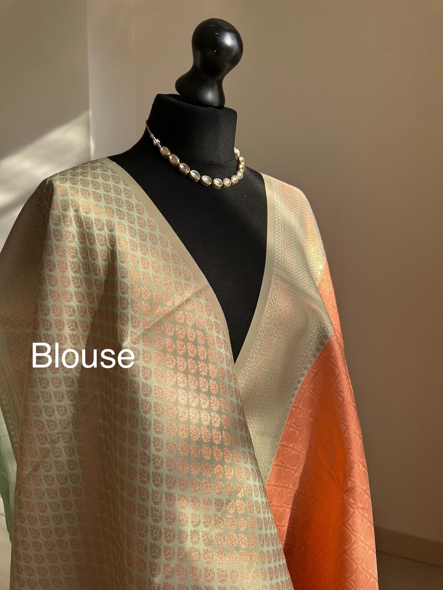 Peach and mint green Semi Silk Saree: Gold Zari Border, Unstitched Blouse