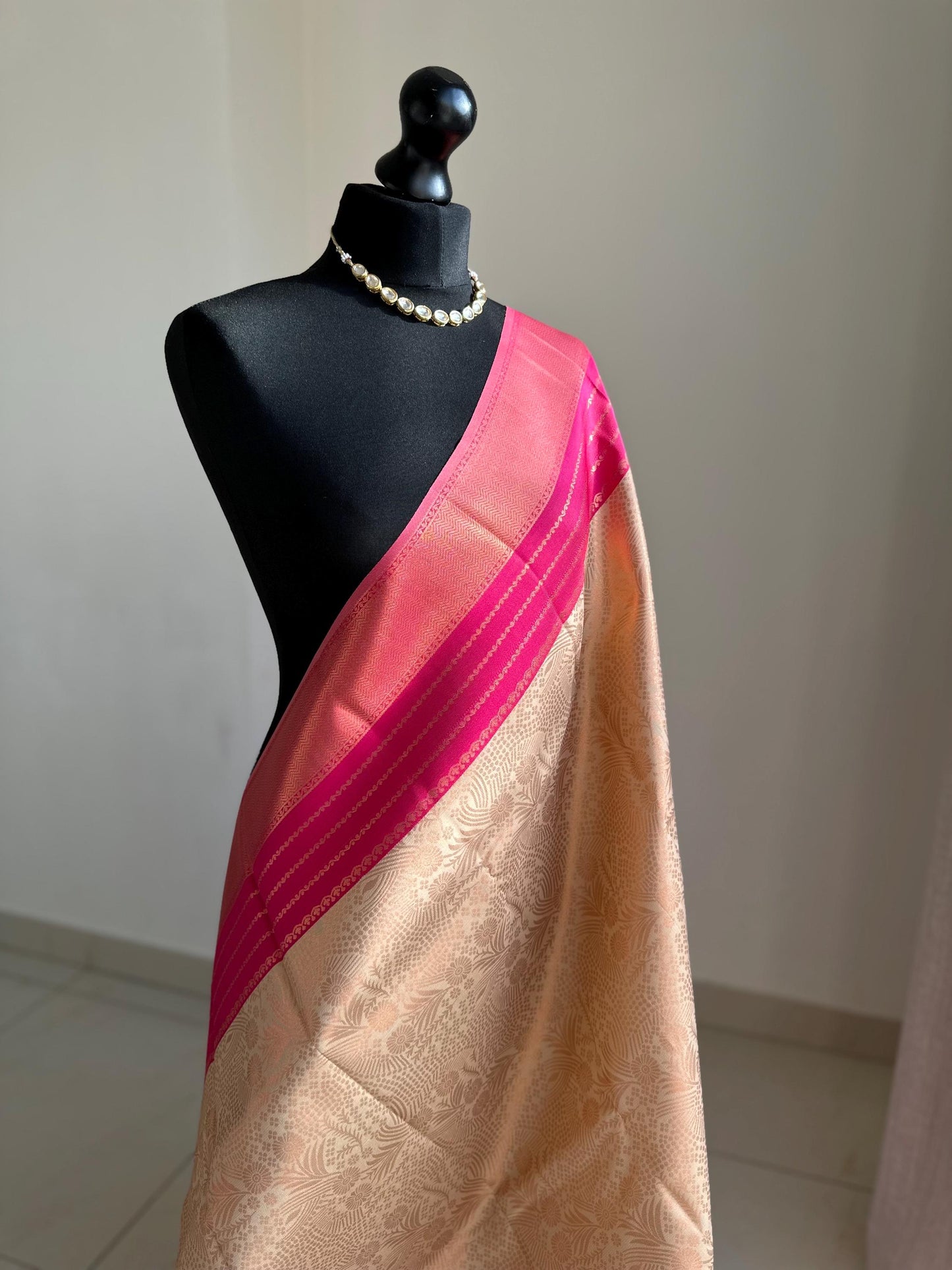 Pink and cream semi silk saree: Gold Zari Border, Unstitched Blouse