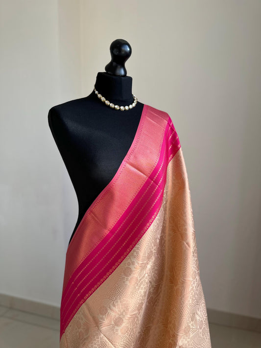 Pink and cream semi silk saree: Gold Zari Border, Unstitched Blouse