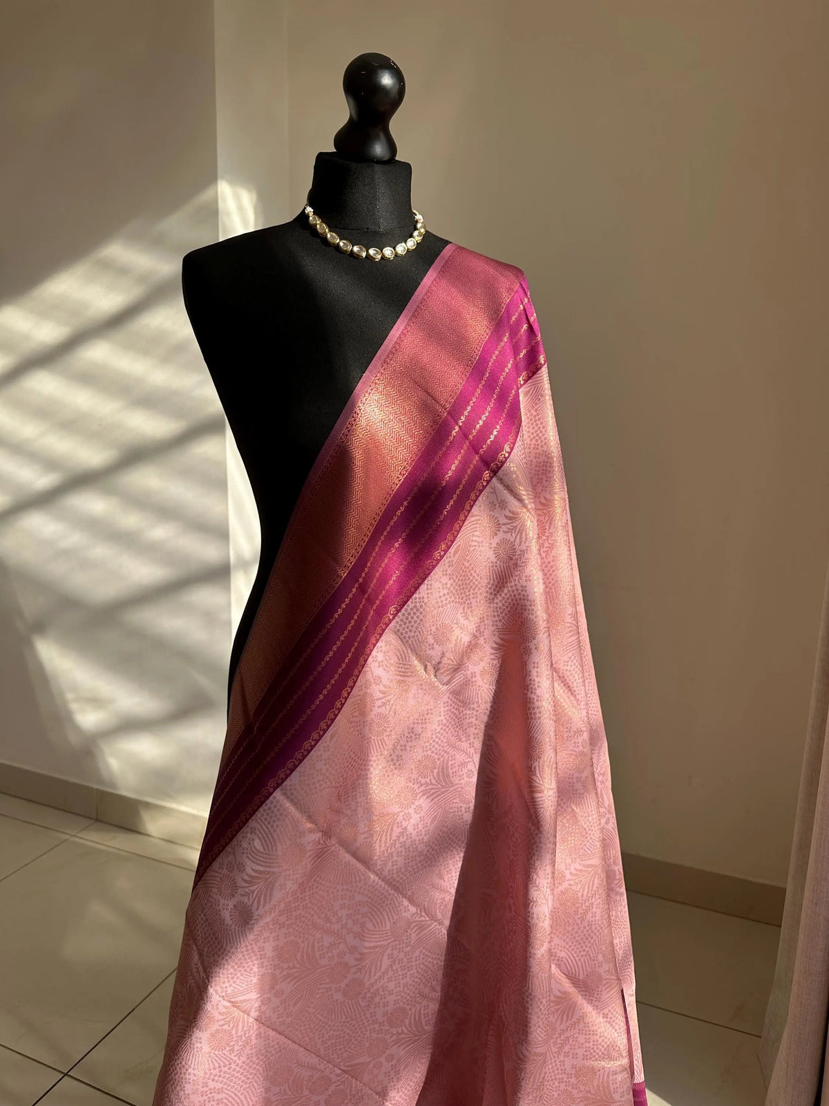 Pink and plum semi silk saree: Gold Zari Border, Unstitched Blouse
