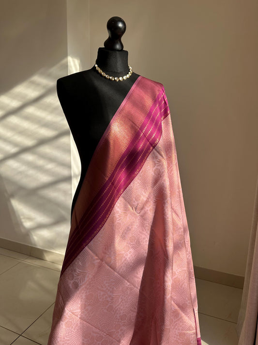Pink and plum semi silk saree: Gold Zari Border, Unstitched Blouse