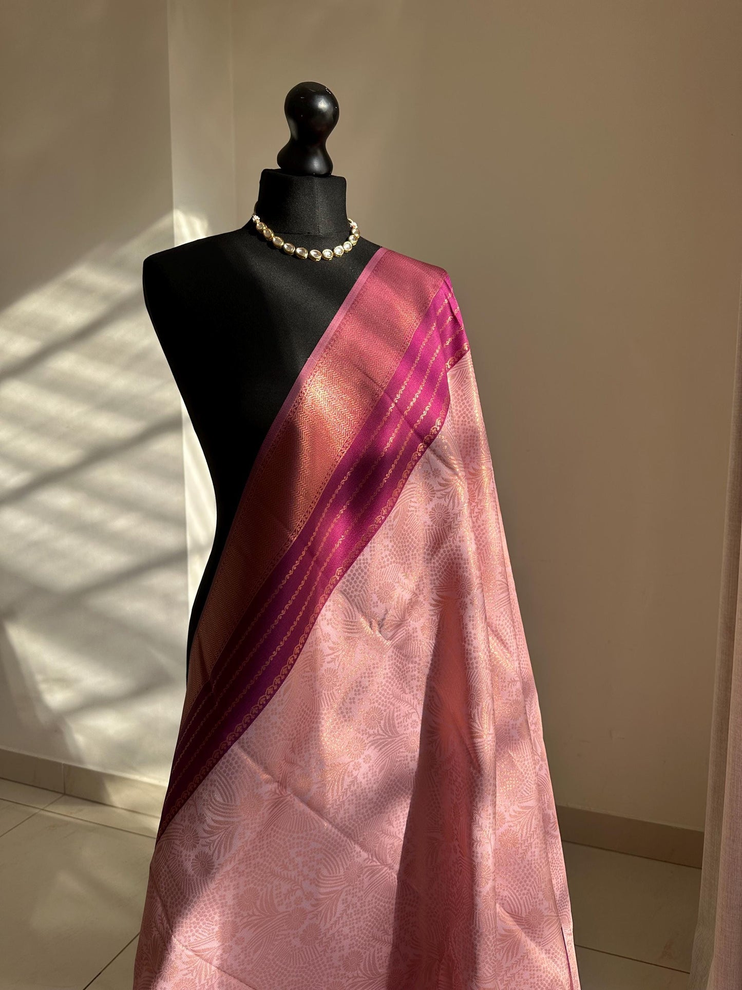 Pink and plum semi silk saree: Gold Zari Border, Unstitched Blouse