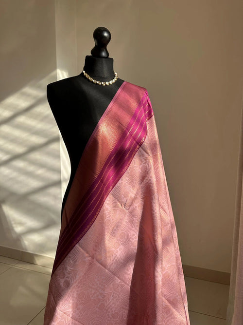 Pink and plum semi silk saree: Gold Zari Border, Unstitched Blouse