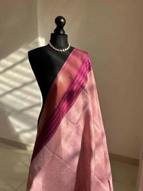 Pink and plum semi silk saree: Gold Zari Border, Unstitched Blouse