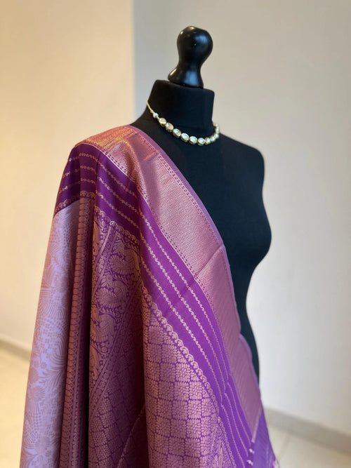 Pink and plum semi silk saree: Gold Zari Border, Unstitched Blouse