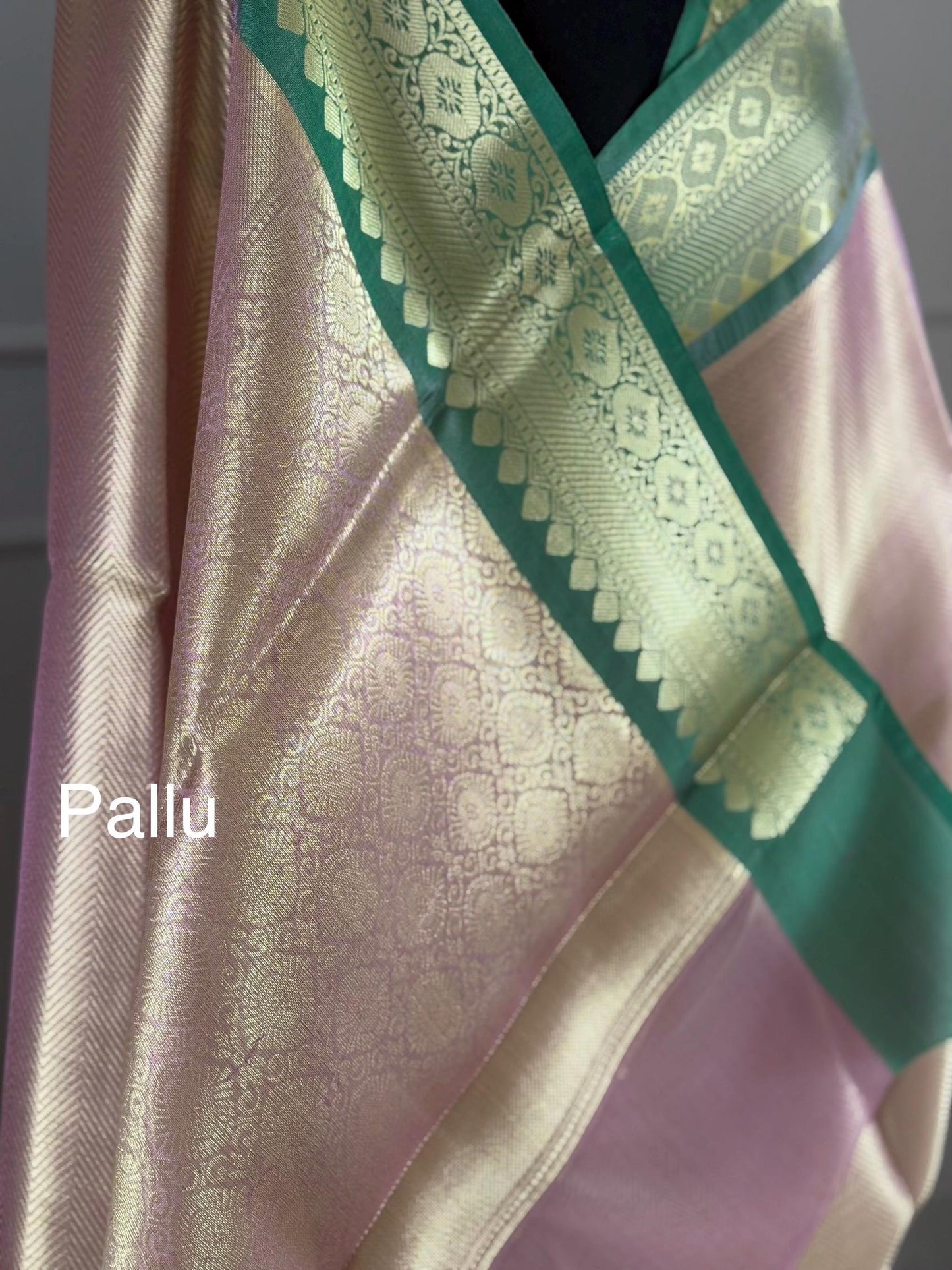 Handmade Gold Tissue Saree with dual border in green and red: Soft Drape, Unstitched Blouse