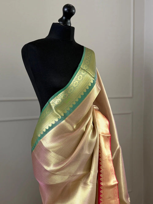 Gold Tissue Saree with Red and Green Dual Border