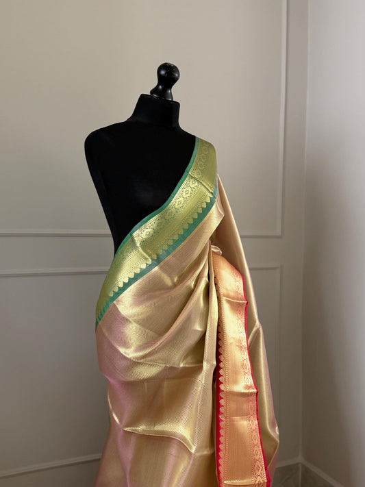 Handmade Gold Tissue Saree with dual border in green and red: Soft Drape, Unstitched Blouse