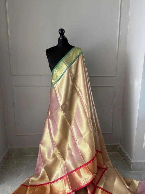 Gold Tissue Saree with Red and Green Dual Border