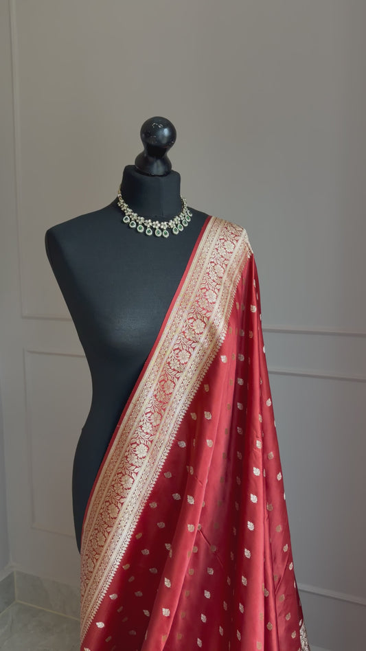 Classic brick red Banarasi Silk Saree with Gold Zari and satin finish