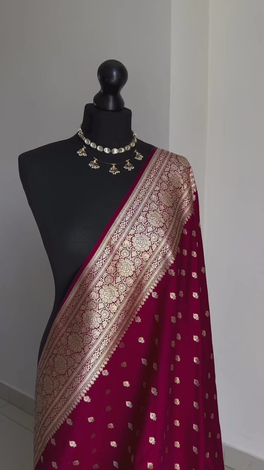 Banarasi silk in maroon Wedding Saree with gold Zari. Gold maroon koorai Saree Traditional Saree with plain contrast blouse with Fall Pico
