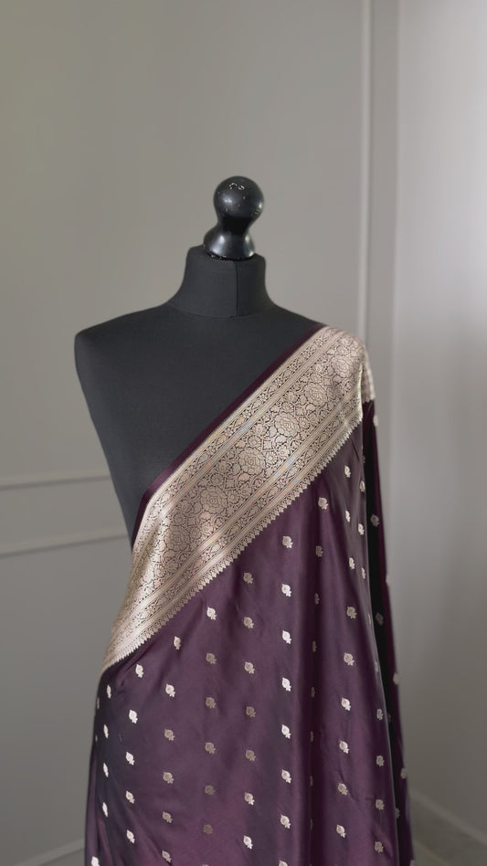 Deep mauve purple and gold katan semi silk wedding saree with  gold zari. Stunning soft and elegant saree for bridal and occasion wear