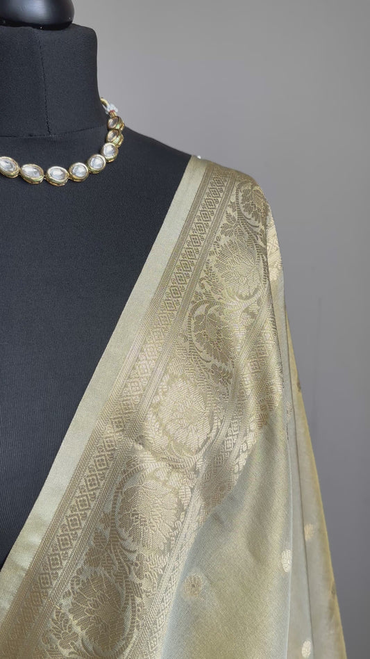 Ivory cream and Gold Tissue Saree: Soft to drape with zari border and butas